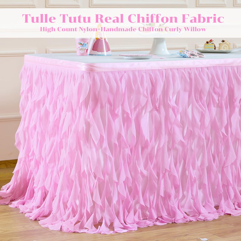 Partisky Pink Tulle Curly Willow Table Skirt for Rectangle Table 9ft, Ruffle Tutu Table Cloth for Girls Baby Shower,Birthday Party Candy Cake Tables - Image 4